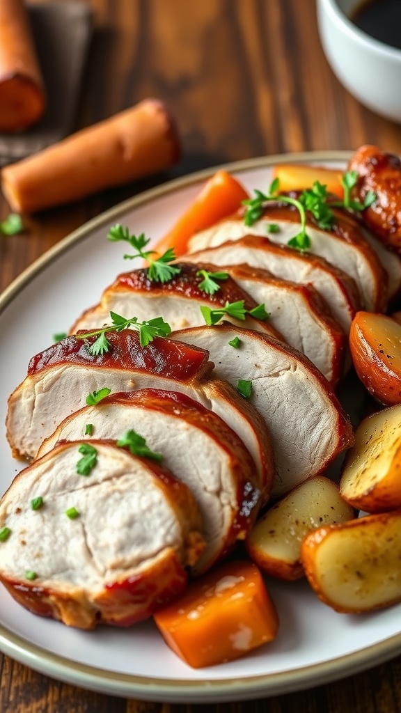 Sliced garlic herb pork tenderloin served with roasted vegetables on a rustic table.